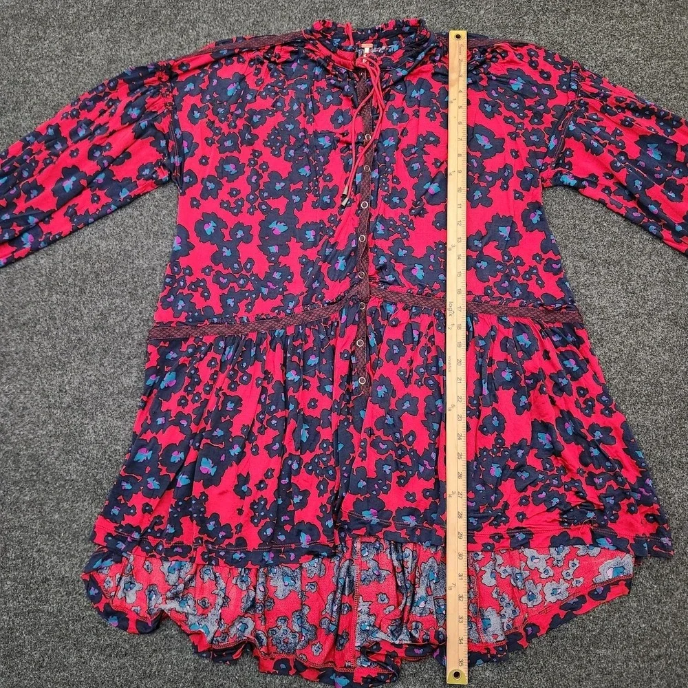 Free People Womens Small Love Letter Boho Floral Tunic Mini Dress Red Ruffle